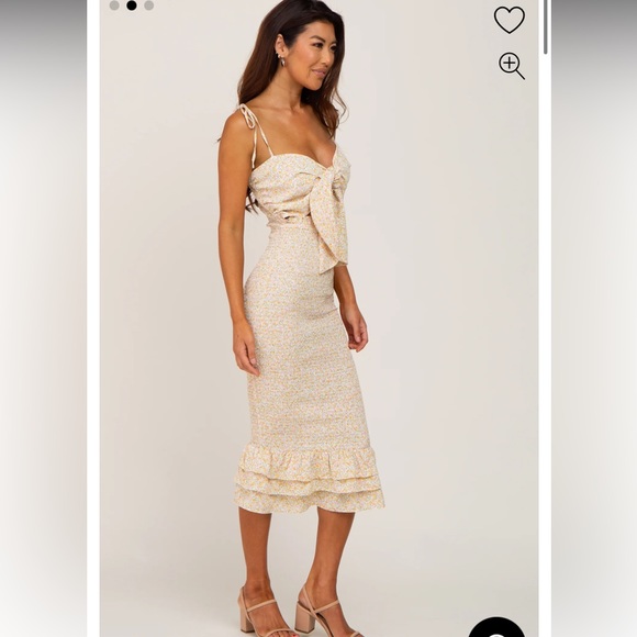 Yellow Floral Front Tie Cutout Smocked Midi Dress - Picture 5 of 5